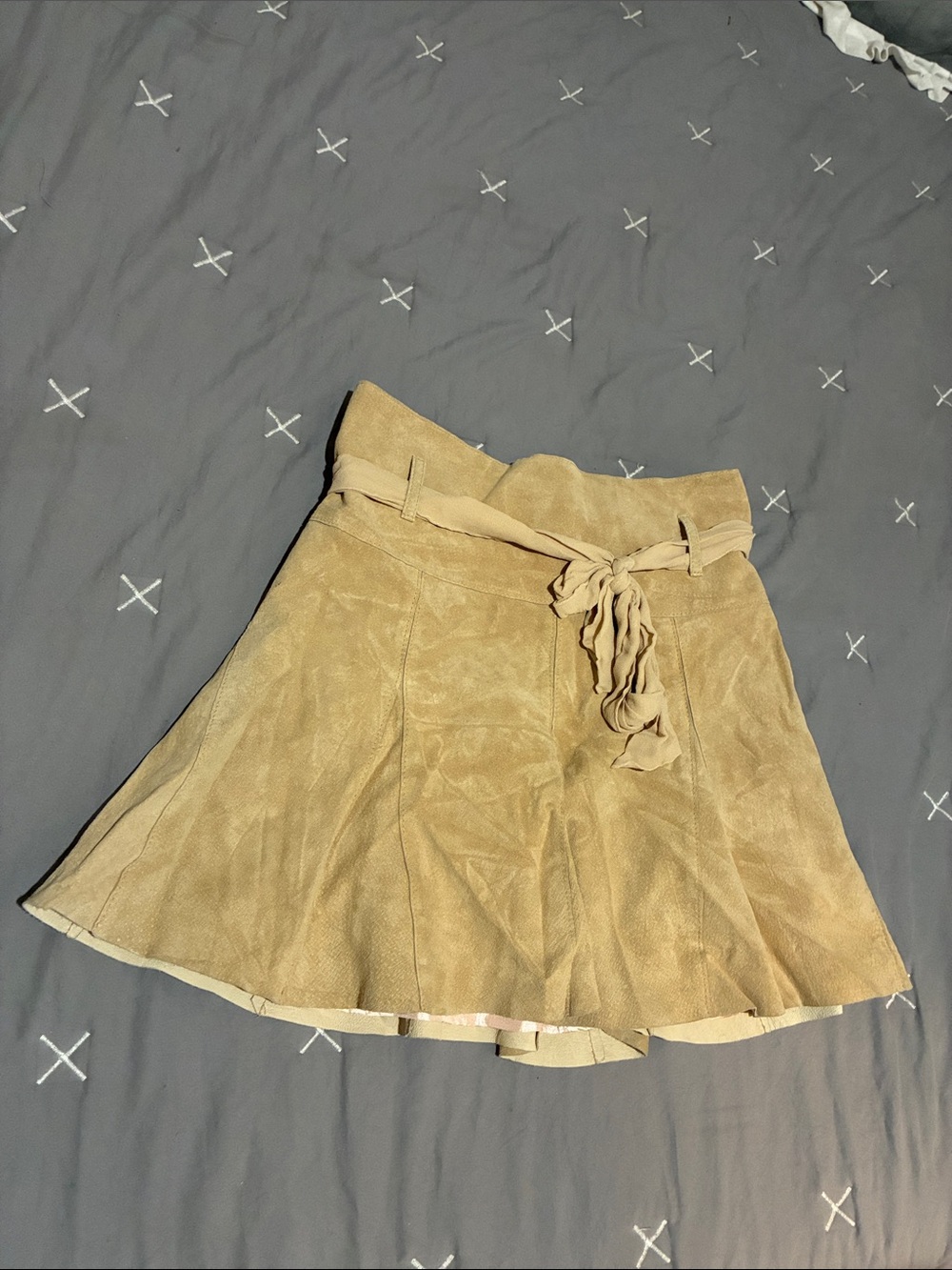 Bebe Suede A-Line Tie-Waist Skirt in Tan